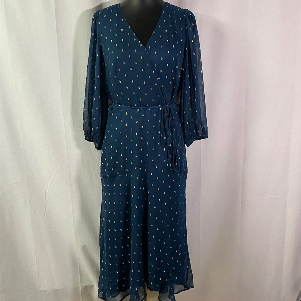 Ann Taylor Navy Blue Midi Wrap Dress with Gold Dot Print